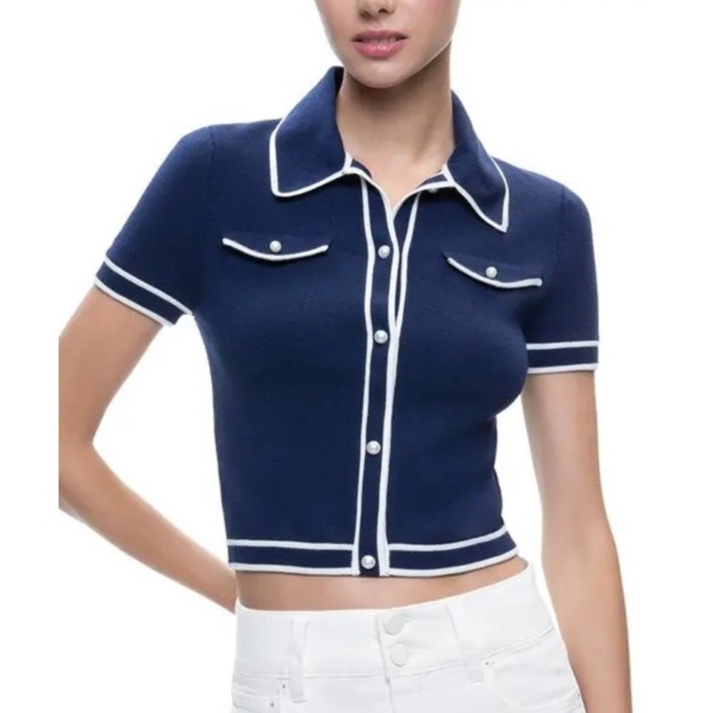 Alice + Olivia Marlena Blue Indigo & Ecru Wool Blend Polo Top Size M